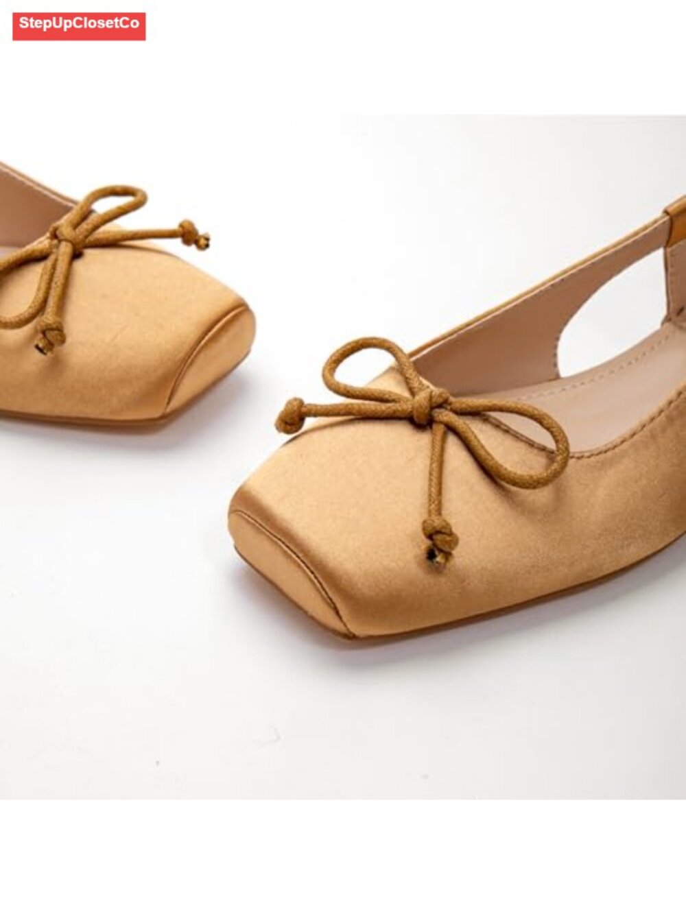 Square Toe Bow Knit Slingback Ballet Flats with Ankle Buckles Satin - Picture 3 of 6